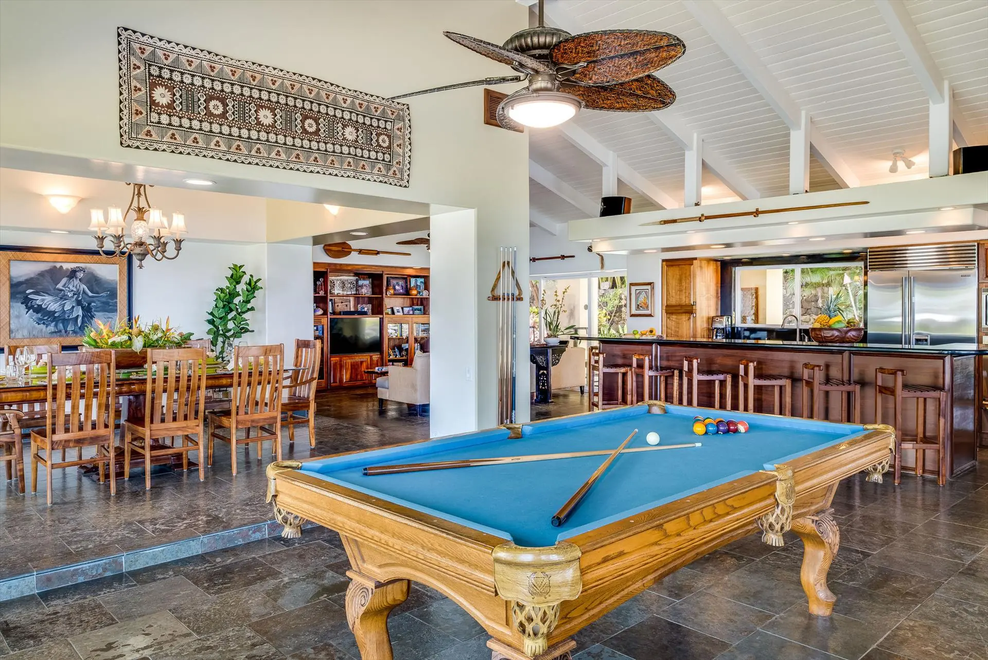 Great room with billiard table and Koa dining table