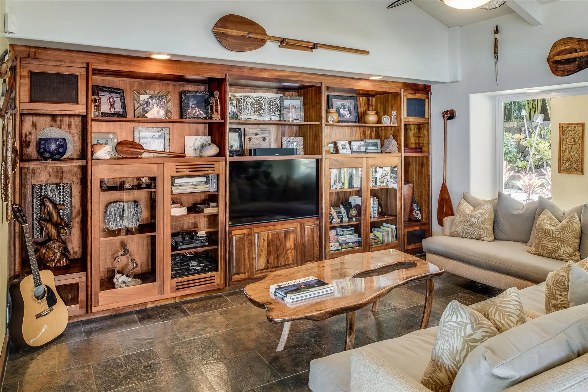 Koa entertainment center and living room